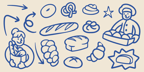 Collection type of bread and pastry set for bakery shop menu and illustration element, modern doodle outline design style include arrow, highlight, baker, happy woman, favorite star 