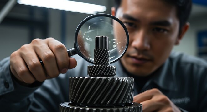 Precision Inspection: Mechanic Examining Gears with Magnifying Glass - Powered by Adobe