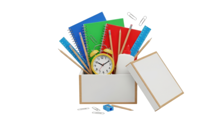 Isolated back to school supplies in box. Blue notebook, pencil, ruler, alarm clock, glue.