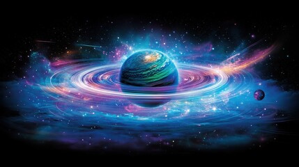 Mystical planet with rings and orbiting moon in outer space