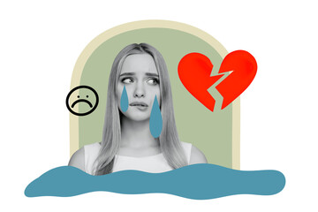 Trend artwork composite sketch image 3D photo collage of young sad face emoji sticker lady cry water drops broken heart unloved divorce