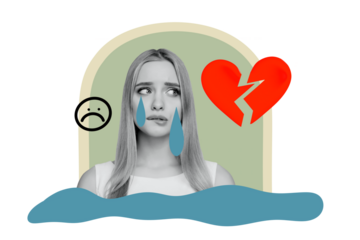Trend artwork composite sketch image 3D photo collage of young sad face emoji sticker lady cry water drops broken heart unloved divorce