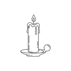 Candle vector illustration in simple black outline, burning candle with melted wax on tray, minimal design