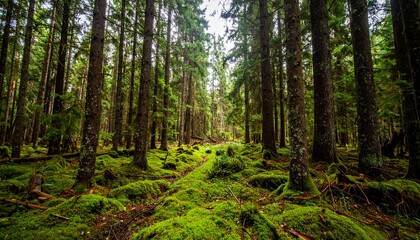 Obraz premium Forest with natural skylight opening in canopy allowing a single column of light to reach the mossy ground