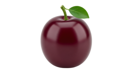 Isolated red plum with a green leaf and stem in the middle of the frame, studio shot