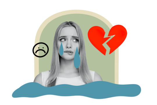 Trend artwork composite sketch image 3D photo collage of young sad face emoji sticker lady cry water drops broken heart unloved divorce
