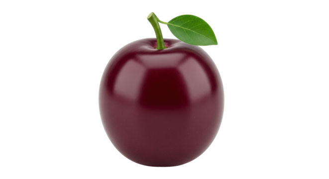 Isolated red plum with a green leaf and stem in the middle of the frame, studio shot