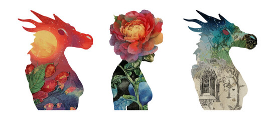Retro Cutout Collage of Isolated Fantasy Dragon Silhouettes with Flowers