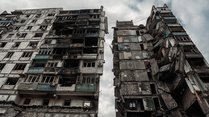 ruined street and destroyed houses the city Kiev war in Ukraine
