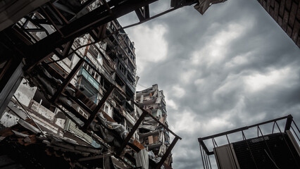 ruined street and destroyed houses the city Kiev war in Ukraine
