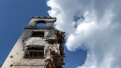 ruined street and destroyed houses the city Kiev war in Ukraine