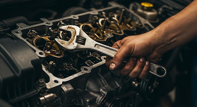 Engine Repair: Mechanic's Hand with Wrench on Car Engine