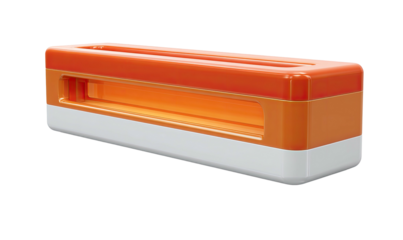 An orange and white rectangular object with a hollowed-out section, appearing in a 3D render