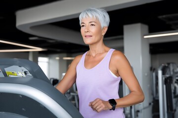 Mature Woman Exercising on Treadmill at Gym