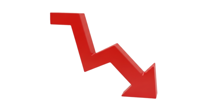 Isolated red arrow pointing downward, financial and stock market concept indication tool