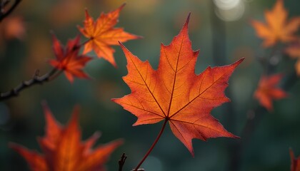 Multiple autumn maple leaves in serene forest setting