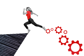 Composite photo collage of serious girl run climb mountain promotion development gearwheel optimization isolated on painted background