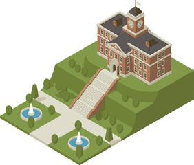Isometric 3d illustration of university campus building with clock tower, fountains, green landscape, classic architecture, educational design concept