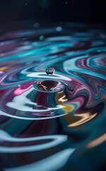 Macro photograph captures a single water droplet impacting a colorful liquid surface creating mesmerizing ripples and abstract swirling patterns of vibrant blues pinks and purples