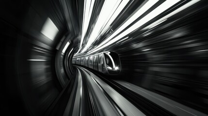 Futuristic train speeding through dark underground tunnel