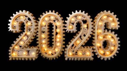 Happy New Year 2026 Gear Lightbulb Sign on Black Background