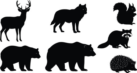 Wild animal silhouettes, forest creatures, black outline, deer, wolf, bear, raccoon, squirrel, hedgehog, nature icon, isolated, wildlife, mammal shape, 