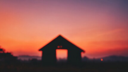 Blurred warm orange and violet sky behind rustic barn outline, calm nostalgic feeling of completion and rest, cinematic tone with ample copy space.