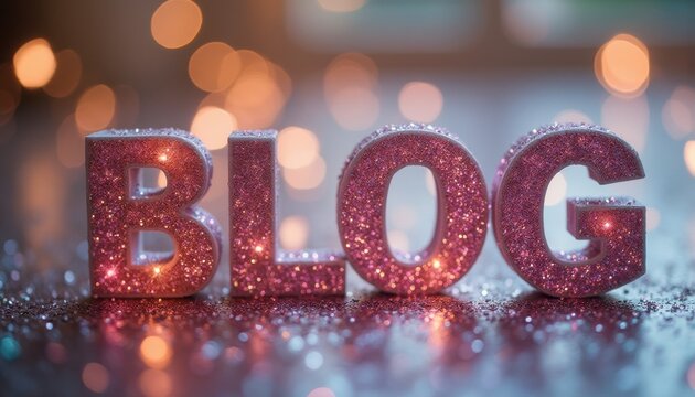 Pink glitter word 'BLOG' with festive bokeh background indoors
