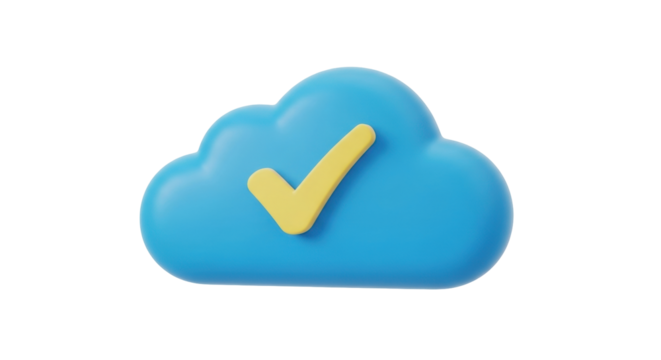 Isolated, 3D rendering of blue cloud with yellow checkmark on it, data safe storage icon