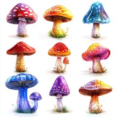 Collection of Colorful Fantasy Mushroom on White Background with Intricate Details