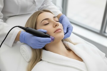 A young woman receives a professional microneedling facial treatment from a beautician. A concept for cosmetic procedures, dermatology, and skin rejuvenation.