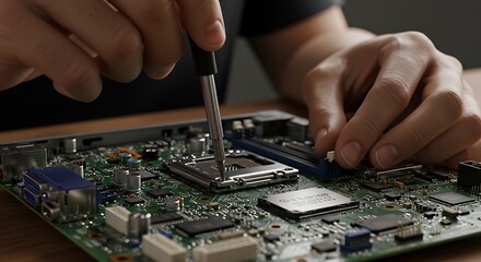 Computer Repair Close-Up: Electronic Device Assembly