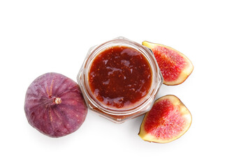 Glass jar of tasty fig jam isolated on white background, closeup