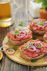 Traditional German sandwiches with minced meat Mettbroetchen	