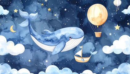 A whale, hot air balloon, and sailboat in a starry night sky, watercolor style