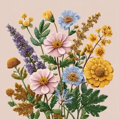 Delicate Bouquet of Pink Yellow and Blue Flowers with Green Leaves on Beige Background