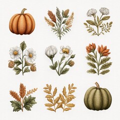 Decorative Botanical Fall Harvest Arrangement with Pumpkins and Floral Accents