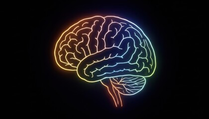 Glowing neon brain outline in rainbow colors on dark background, medical neuroscience symbol, modern luminous healthcare illustration