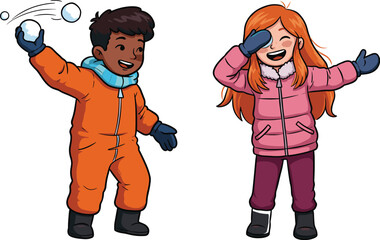 Happy children having a snowball fight outdoors, playful kids enjoying winter fun and snow activities, childhood play illustration.