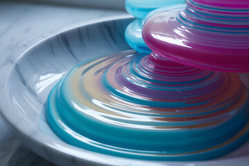 Close up abstract macro shot of swirling colorful viscous liquid with iridescent metallic sheen in a ceramic bowl creating mesmerizing patterns and textures