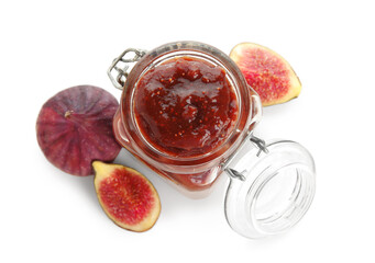 Glass jar with sweet fig jam isolated on white background, closeup