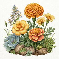 Detailed Botanical Illustration of Marigolds and Blue Flowers with Textured Background