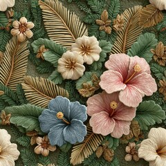 Detailed Floral Embossed Pattern with Red Hibiscus, Blue Petals and Green Leaves on Textured Background