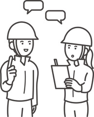 確認する、コミュニケーションを取る土木技師の男性と女性のイラスト　線画のみ