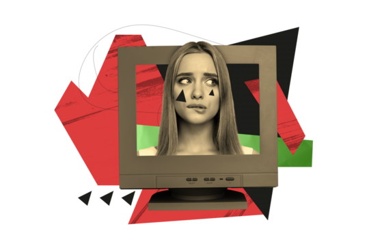 Collage image artwork poster of minded worried nervous woman computer monitor isolated on drawing background