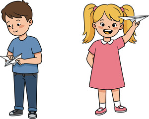 A boy is folding a paper airplane while a happy girl prepares to launch hers, showcasing childhood creativity, fun, and the simple joy of making and flying toys.