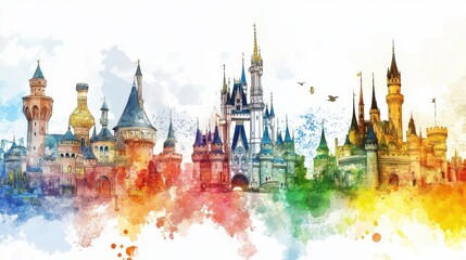 Fototapeta premium Multiple castles in whimsical fantasy landscape with flying birds