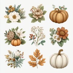 Elegant Assortment of Pumpkins and Floral Arrangements on a White Background, Autumnal Theme