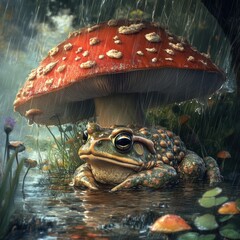 Detailed Toad Resting Under Red Mushroom In a Rainy Forest With Shallow Depth of Field