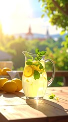 Refreshing lemonade in a glass pitcher on a wooden patio table, with lemons and mint, bathed in sunlight. A picturesque outdoor setting with a blurred background of buildings and greenery